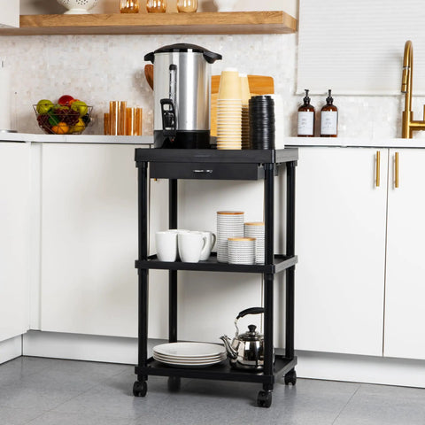 Three Tier Rolling Utility Cart With Secure Locking Casters, versatile kitchen cart holding mugs, tea kettle and coffee station in matte black.