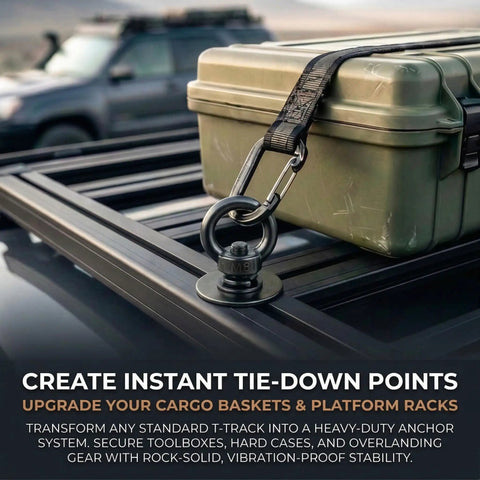 Heavy Duty Black M8 T Track Tie Down Anchors With Thickened Eye Rings And T Slot Bolts Kit secured to cargo rack with toolbox.