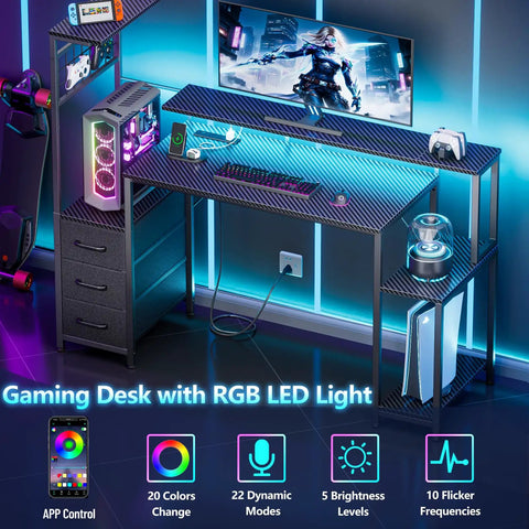 48 Inch Gaming Desk Setup With LED Lights And Power Outlets Computer Desk With Fabric Drawers And Side Hook Reversible Gamer Table With Monitor Stand For Game Room Or Home Office Carbon Fiber Black Finish, RGB lights on