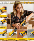 Mulctun Cordless Electric Box Cutter With 4 Tungsten Steel Blades, Led Light And Safety Lock For Cutting Cardboard, Carpet, Fabric, And Leather. Heavy Duty Portable Design With Storage Bag. Yellow Finish in use cutting cardboard.