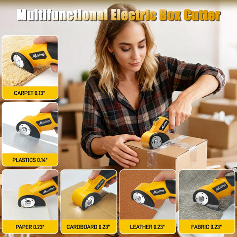Mulctun Cordless Electric Box Cutter With 4 Tungsten Steel Blades, Led Light And Safety Lock For Cutting Cardboard, Carpet, Fabric, And Leather. Heavy Duty Portable Design With Storage Bag. Yellow Finish in use cutting cardboard.