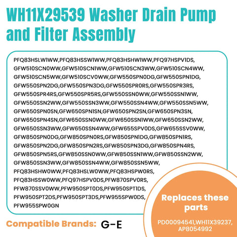 WH11X29539 Washer Drain Pump and Filter Assembly for GE front load washers, replacement part for listed models