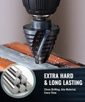 Five Piece Step Drill Bit Set With Titanium Coated HSS For Metal And Wood, Fifty Sizes, Four Spiral Flute, in use drilling metal