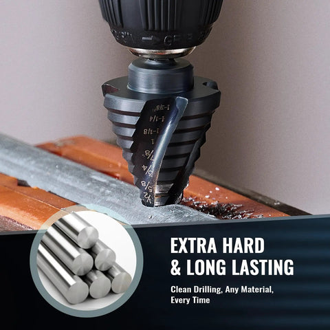 Five Piece Step Drill Bit Set With Titanium Coated HSS For Metal And Wood, Fifty Sizes, Four Spiral Flute, in use drilling metal