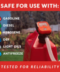Fast 3.8 GPM battery powered fuel transfer pump with auto stop nozzle on red gas can, safe for multiple fuels.
