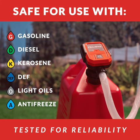 Fast 3.8 GPM battery powered fuel transfer pump with auto stop nozzle on red gas can, safe for multiple fuels.