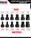 Image of 16 Piece Stubby Impact Hex Socket Set For SAE And Metric Sizes With Chrome Moly Steel Construction And Manganese Phosphate Coating Includes Storage Case For Heavy Duty Impact Use showcasing individual socket pieces on display.
