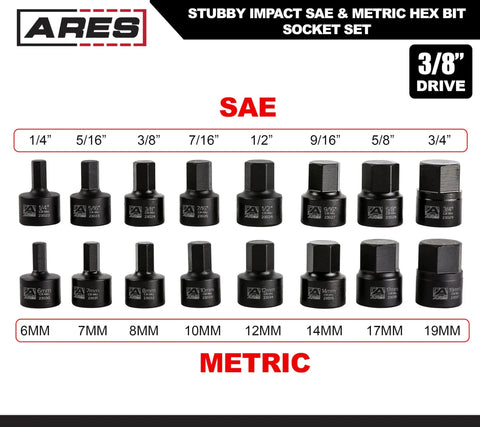 Image of 16 Piece Stubby Impact Hex Socket Set For SAE And Metric Sizes With Chrome Moly Steel Construction And Manganese Phosphate Coating Includes Storage Case For Heavy Duty Impact Use showcasing individual socket pieces on display.