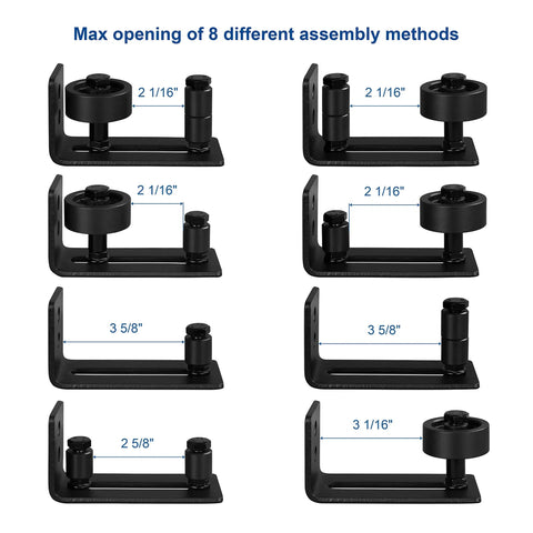 Sliding Barn Door Floor Guide Kit With Adjustable Wall Mount Stay Roller showing 8 setup options with measurements