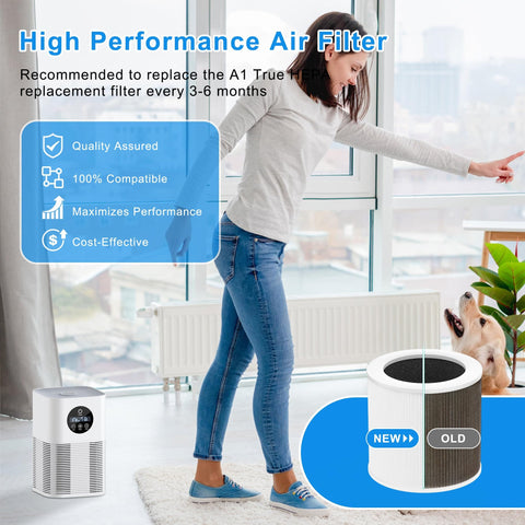 Woman in room illustrating Replacement 3 In 1 H13 True HEPA Air Filter For VEWIOR A1 And Compatible Models HQSC 50 HQKJ 80 Pack