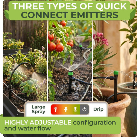 Three types of quick connect emitters in 100ft Drip Irrigation System For Gardens With Pressure Optimized Watering Flow