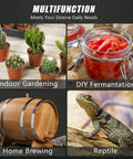 Collage of indoor gardening, DIY fermentation jar, home brewing barrel, and reptile for multifunctional use descriptions.