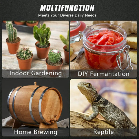 Collage of indoor gardening, DIY fermentation jar, home brewing barrel, and reptile for multifunctional use descriptions.