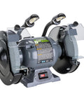 Badass Eight Inch Bench Grinder With Dual Flexible Gooseneck Lights And Heavy Cast Iron Base featuring clear eye shields.