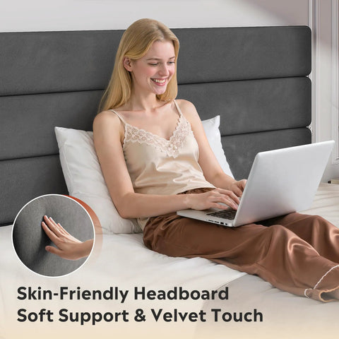 Queen Velvet Upholstered Bed Frame With Tufted Headboard And Reinforced Wood Slats Heavy Duty 1500 Lbs Support Zero Box Spring Needed Easy Assembly, woman using laptop with soft velvet headboard.