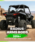 Black Rear Radius Arms For 2014-2025 Polaris RZR XP 1000 And XP 4 1000 Beefy High Clearance Heavy Duty Steel With Adjustable Heim Joints Rugged Off Road Upgrade installed on rear of black Polaris RZR