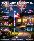 Patriotic Solar Pathway Lights Eight Pack With Red White Blue LEDs for outdoor garden path, showcasing eight lighting modes.
