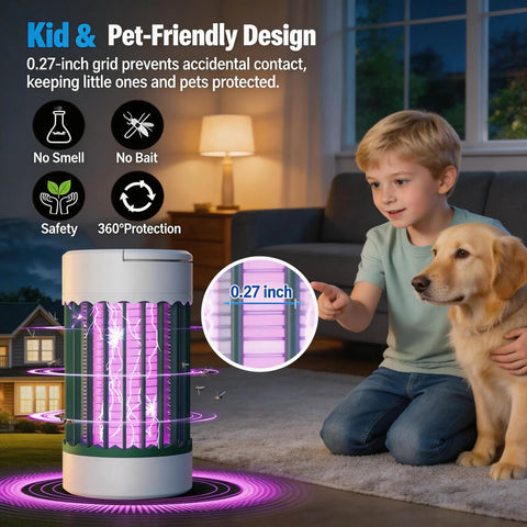 Rechargeable Indoor Outdoor Mosquito Zapper With USB Power Portable UV Insect Trap 4000V Grid Killer shown with child and dog
