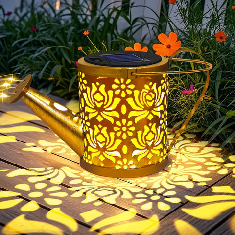 Cool Solar Watering Can With Lights For Outdoor Decor, copper coin pattern casting warm patterns with 50 LED fairy lights in a garden.