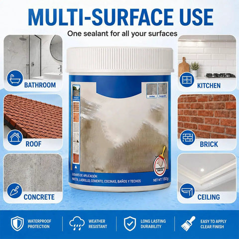 Knock Out Pesky Roof Drips With This Clear Multi Surface Waterproof Sealant For Exterior Walls Interior Tiles And Joints Fast Home Fix That Stops Water Cold In Seconds displayed on a container highlighting multi-surface use.