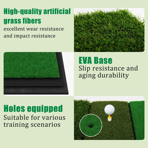 3-In-1 Golf Practice Mat with realistic turf surfaces, showing artificial grass fibers, EVA base, and training hole