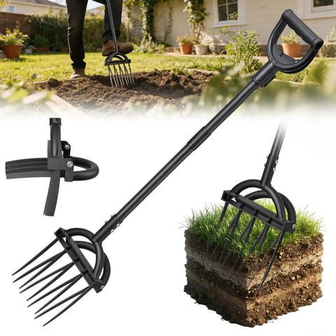 Heavy Duty Broad Fork Garden Tool With 5 Plus 4 Sharp Tines, Ergonomic Handles in use for soil cultivation and composting