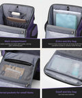Details of a 35L Waterproof Swim Backpack With Separate Shoes Compartment, showcasing main and wet/dry pockets, purple color.