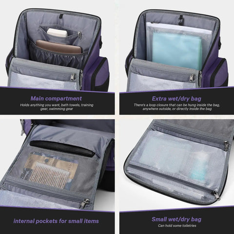 Details of a 35L Waterproof Swim Backpack With Separate Shoes Compartment, showcasing main and wet/dry pockets, purple color.
