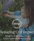 Mother and child gently touching flowers, highlighting sustainable practices in a natural setting.
