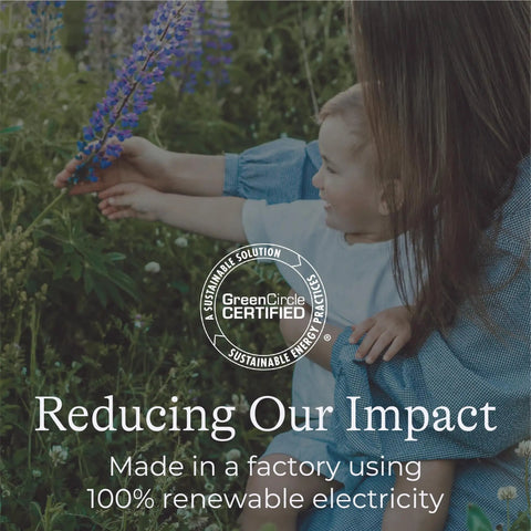 Mother and child gently touching flowers, highlighting sustainable practices in a natural setting.