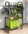 Power Tool Organizer Cart With Charging Station And Battery Charger Mobile Rolling Workshop Cart On Wheels With Locking Swivel Casters Holds Eight Drills Utility Cart With Eight Outlet Power Strip For Garage Storage, showing metal cart with tools and casters.