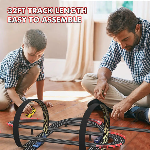 Father and son playing with Dope 32Ft Electric Powered Slot Car Race Track Set With Four High Speed Cars And Dual Hand Controllers