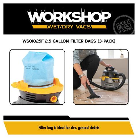 Wet Dry Shop Vacuum Bag Filters Three Pack With Retaining Band For Select 2.5 Gallon To 5 Gallon Vacuums, shown in use on floor
