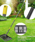 Heavy Duty Lawn Leveling Rake With Extra Long 60 Inch Handle And 18 By 10 Inch Ground Plate For Easy Soil Leveling Smooth Turf Level Ground Surfaces Fast Rakes For Lawns Iron Metal Black with features highlighted.