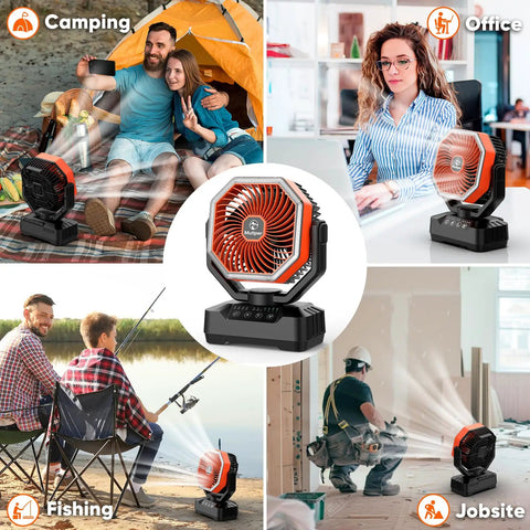20,000mAh Camping Fan With 70-Hour Runtime, Portable USB Power Bank, in use during camping, fishing, office, and jobsite activities.