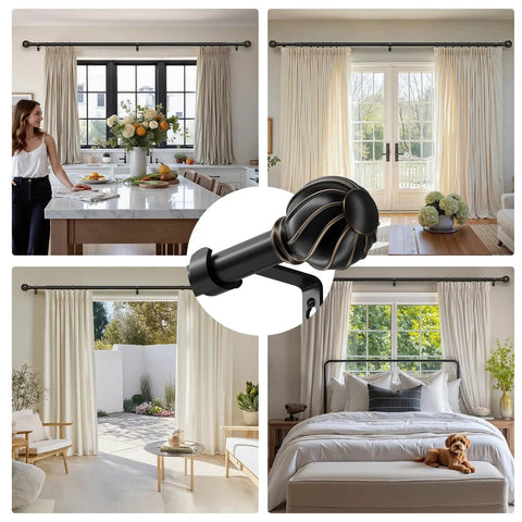 Black Curtain Rods For Windows 36 To 150 Inches, 7/8 Inch Adjustable Heavy Duty Drapery Rods With Round Textured Finials