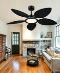 RGB Tropical Outdoor Palm Leaf Ceiling Fans with Light,52”Black Flush Mount in a cozy living room setting.