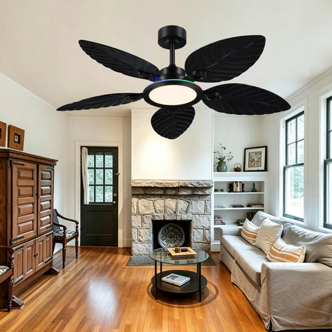 RGB Tropical Outdoor Palm Leaf Ceiling Fans with Light,52”Black Flush Mount in a cozy living room setting.