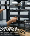 Heavy Duty M6 X 16 Rack Mount Screws Paired With Carbon Steel Cage Nuts And Nylon Washers 50 Pack Server Kit in use.