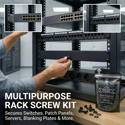 Heavy Duty M6 X 16 Rack Mount Screws Paired With Carbon Steel Cage Nuts And Nylon Washers 50 Pack Server Kit in use.