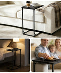C Shaped End Table That Slides Under Sofa For Small Spaces A Handy Side Table For Living Room Or Bedroom Perfect For Laptop Coffee Snacks Remote And Light Tasks Easy Assembly Modern Design shown in use by sofa, bed, and with family.