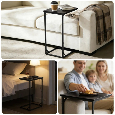 C Shaped End Table That Slides Under Sofa For Small Spaces A Handy Side Table For Living Room Or Bedroom Perfect For Laptop Coffee Snacks Remote And Light Tasks Easy Assembly Modern Design shown in use by sofa, bed, and with family.