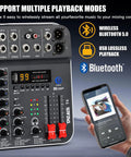 6 Channel USB Audio Interface DJ Mixer With Bluetooth MP3 Playback And 48V Phantom Power Unpowered Studio Mixer for KTV Live Shows Streaming And Conferences showcasing Bluetooth connectivity and playback modes.