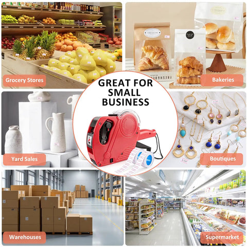 MX5500 Price Tag Gun Kit With 2 Red 8 Digit Tag Guns shown with various retail environments like grocery stores and boutiques.