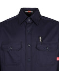 Throw On This Men's Flame Resistant Work Shirt Built From 7.5oz Cotton Twill NFPA 2112 Cat 2 Certified close-up view of navy shirt with pocket.