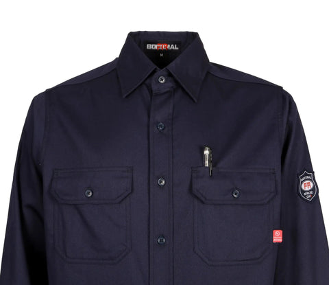 Throw On This Men's Flame Resistant Work Shirt Built From 7.5oz Cotton Twill NFPA 2112 Cat 2 Certified close-up view of navy shirt with pocket.