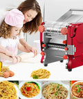 LEONEBEBE Electric Pasta Maker For Home Use Commercial Dough Sheeter with dual cutter, red stainless steel design in kitchen setting.