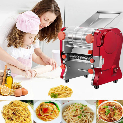 LEONEBEBE Electric Pasta Maker For Home Use Commercial Dough Sheeter with dual cutter, red stainless steel design in kitchen setting.