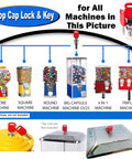 Top Lid Lock And Key Set For GV25 GV18 Gumball And Candy Machines Replacement Kit displayed with various machine types