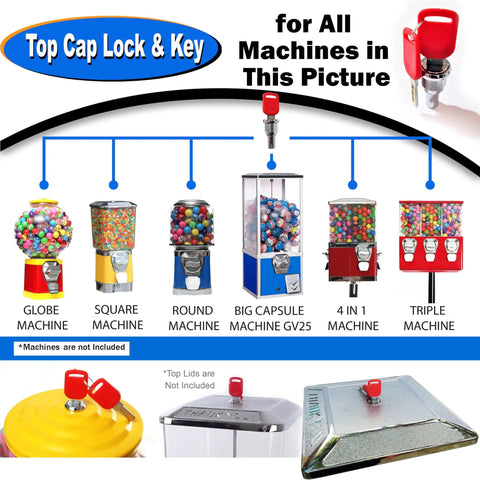 Top Lid Lock And Key Set For GV25 GV18 Gumball And Candy Machines Replacement Kit displayed with various machine types